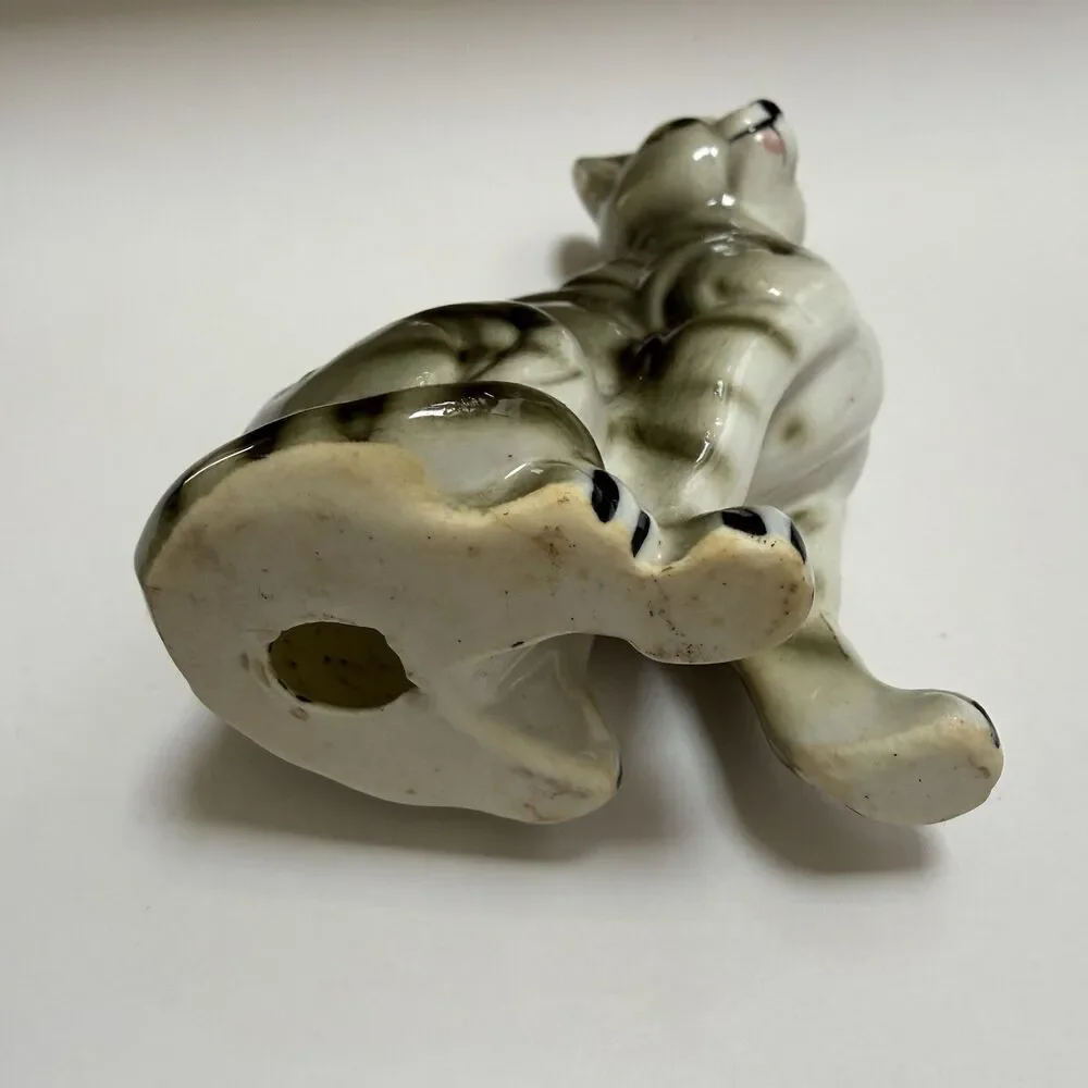 Vintage Bone China Gray Tabby Cat Kitty Figurine MCM